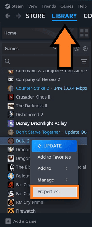 Choose “Properties” in Dota 2