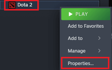 Right-click on Dota 2, and select Properties