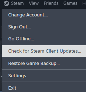 Select Check for Steam Client Updates from the dropdown menu