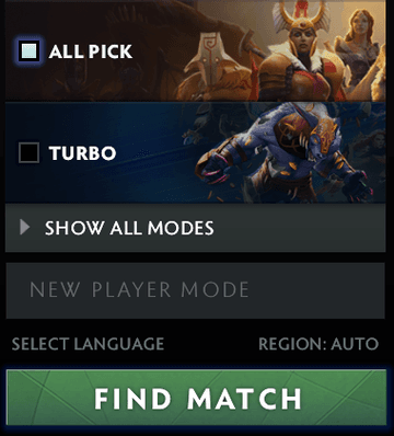 Press Play Dota, select game mode, and click Region