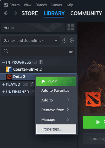 Right-click Dota 2 and select Properties in Steam Library