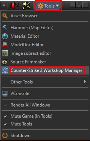 В меню Tools выберите Counter-Strike 2 Workshop Manager