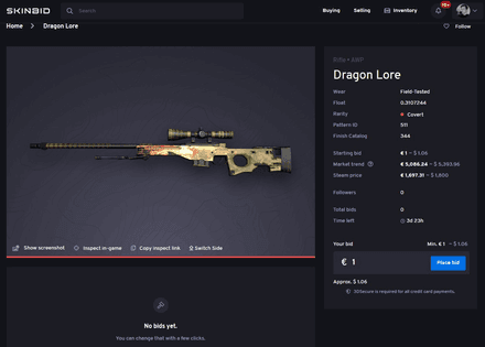 Самый дешевый Dragon Lore в CS2 стоит от $5000