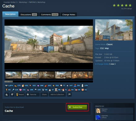 Subscribe to CS2 Cache in the Steam Community Workshop Maps