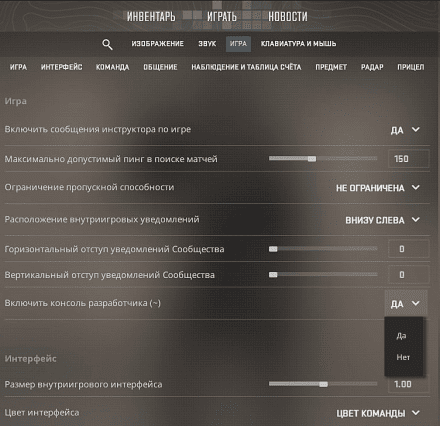 Включение консоли через внутриигровые настройки