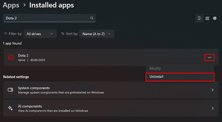 Click the three dots next to the Dota 2 tab and select Uninstall