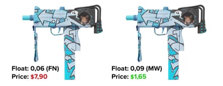 Внешний вид скина с флоатом 0.06 (FN) внешне может почти не отличаться от 0.09 (MW)