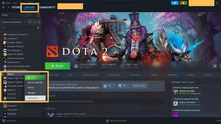 Choose “Properties” at the Dota 2 in Steam Library