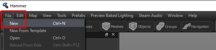 В открывшемся окне Hammer Editor перейдите в меню File и выберите New