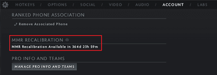 You’ll see the MMR Recalibration timer in the “Account” tab