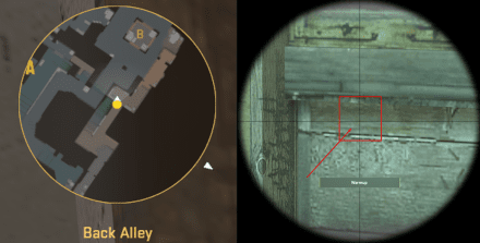 Back alley -> Left B pillar Map spot / Shot spot