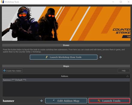 Нажмите на кнопку Launch Tools в Hammer Editor в CS2