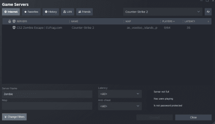 Gib in der Spalte „Server Name“ „Zombie“ oder „ze“ ein, um Zombie-Escape-Server für CS2 zu finden