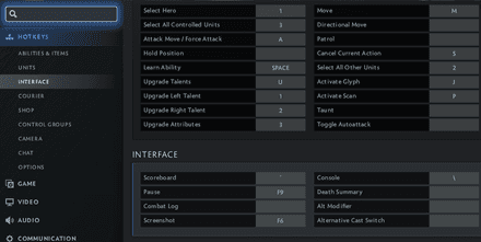Dota 2 settings menu — change the hotkey in the Pause field