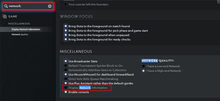Type network and enable “Display Network Information”