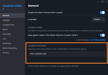 In the “General” tab, find “Launch Options” and enter +exec autoexec.cfg