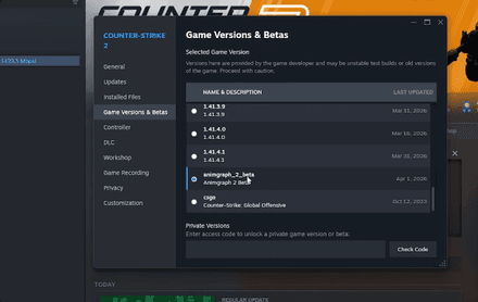 Go to the “Game Versions & Betas” section and scroll down to animgraph_2_beta in AnimGraph 2 Update CS2