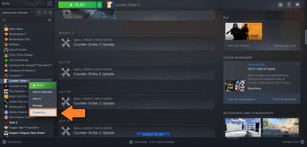 choose “Properties…” after right-click Counter-Strike 2