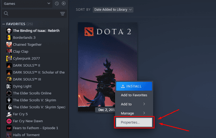 Find Dota 2 in your Steam library, right-click on it, and select Properties
