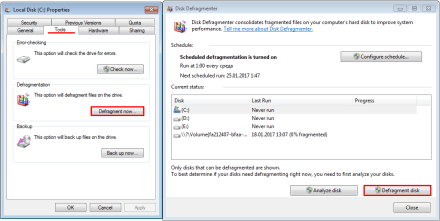 Select Defragment now and Defragment disk