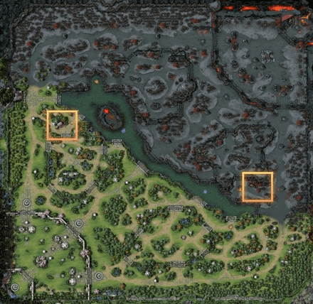 Radiant and Dire Secret Shops are located next to the respective team’s offlane