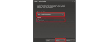 Setting of secret question in case you will forget password for Steam account