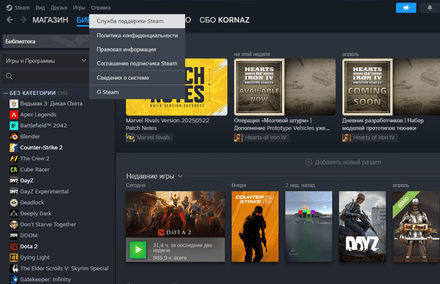 Выберите «Справка», затем «Поддержка Steam»