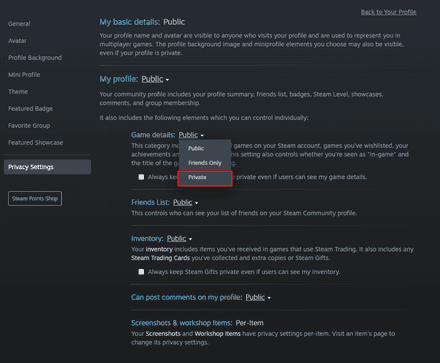 Set Game details to Friends Only or Private