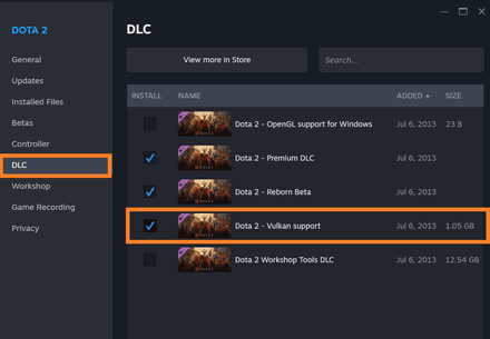Enter the DLC tab and check the box next to “Dota 2 - Vulkan Support”