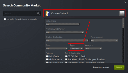 You can also choose “Show advanced options”, select Counter-Strike 2, and find all collectibles available on the market