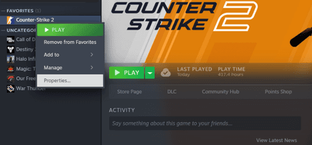 Right-click on Counter-Strike 2 and choose Properties
