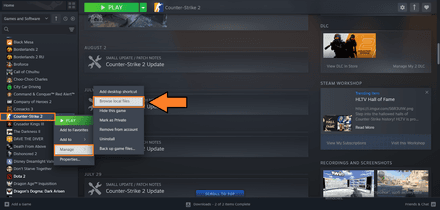 Right-click the title CS2, select “Manage,” and choose “Browse local files”