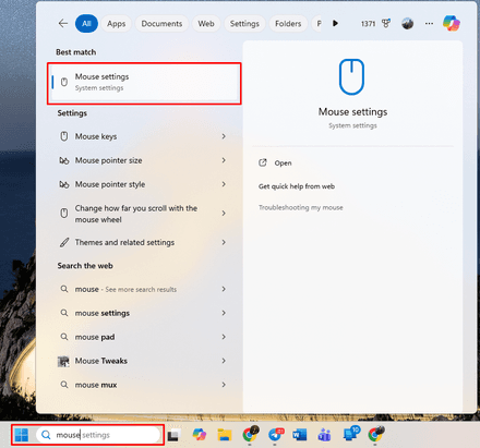 Open “Mouse settings” from the Windows Search bar