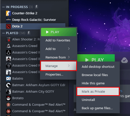 Mark Dota 2 itself as a private title