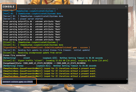 Open the developers' Console, and type connect [IP Address]