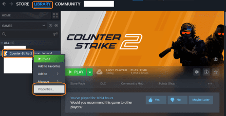 Run Steam, go to Library, and find Counter-Strike 2. Right-click on it and choose Properties