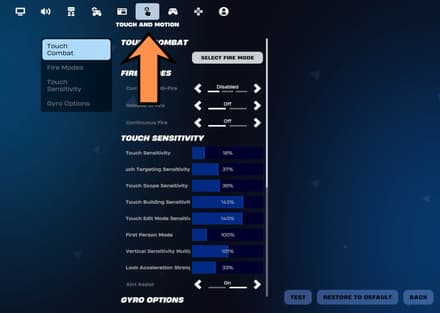 Open the “Touch and Motion” tab