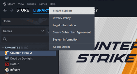 Open your Steam Client and click Help -> Steam Support