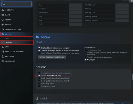 Turn off Expose Public Match Data in Dota 2