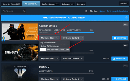 Locate Counter-Strike 2, then go to the ‘My Game Stats’ tab
