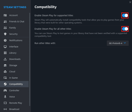 In Steam, navigate to Settings > Steam Play