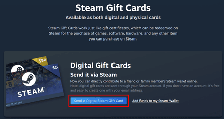 Click on the button “Send a Digital Steam Gift Card”