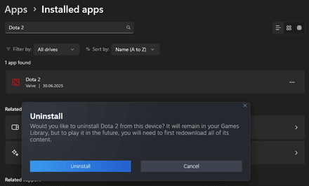 Steam may prompt you for confirmation for uninstall Dota 2