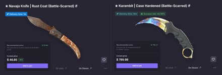 Навахи Пыльник в качестве Закаленное в боях – составляет около $45, а цена на Керамбит Поверхностная закалка в том же качестве начинается от $700–800