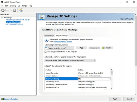 Choose “Manage 3D Settings” - “Program Settings” - CS2.exe