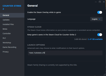 Right-click CS2 > Properties > Launch Options, and add: +exec autoexec.cfg