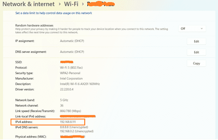 Find IP address by going to the Internet connection tab