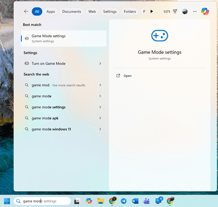 Search “Game Mode settings” in the Search bar