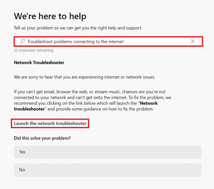 Type Troubleshoot problems connecting to the Internet