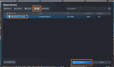 Choose LAN, find your server, and click Connect